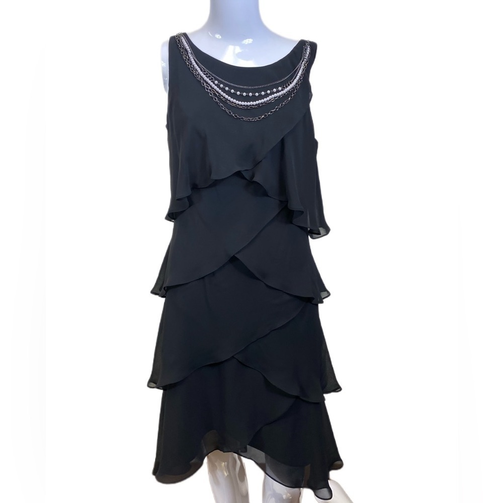S.L FASHIONS size 8 black dress with wavy layers necklace attached to the dress